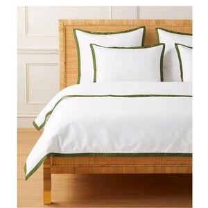 Serena & Lily Boarder Frame Sateen Green and white linen twin duvet cover